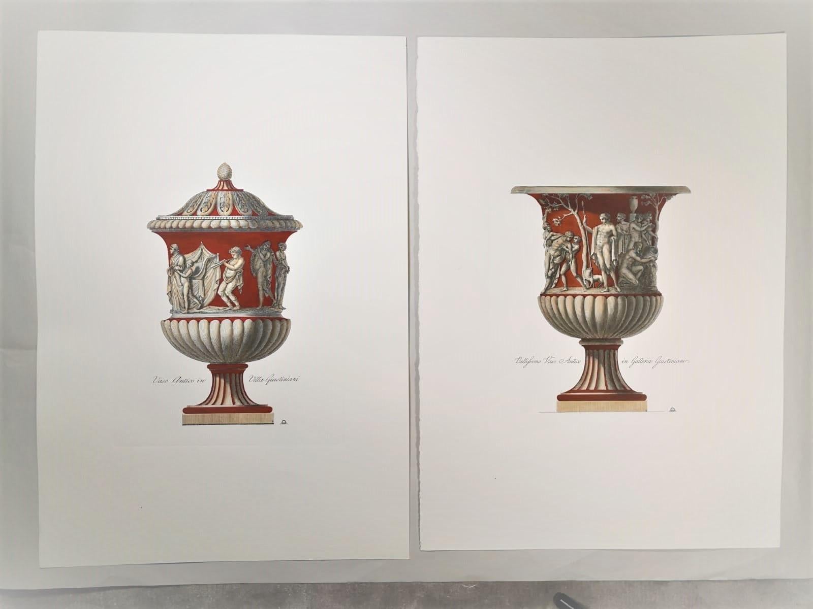Italian Contemporary Hand Press and Colored Print Representing Antique Vase For Sale 1