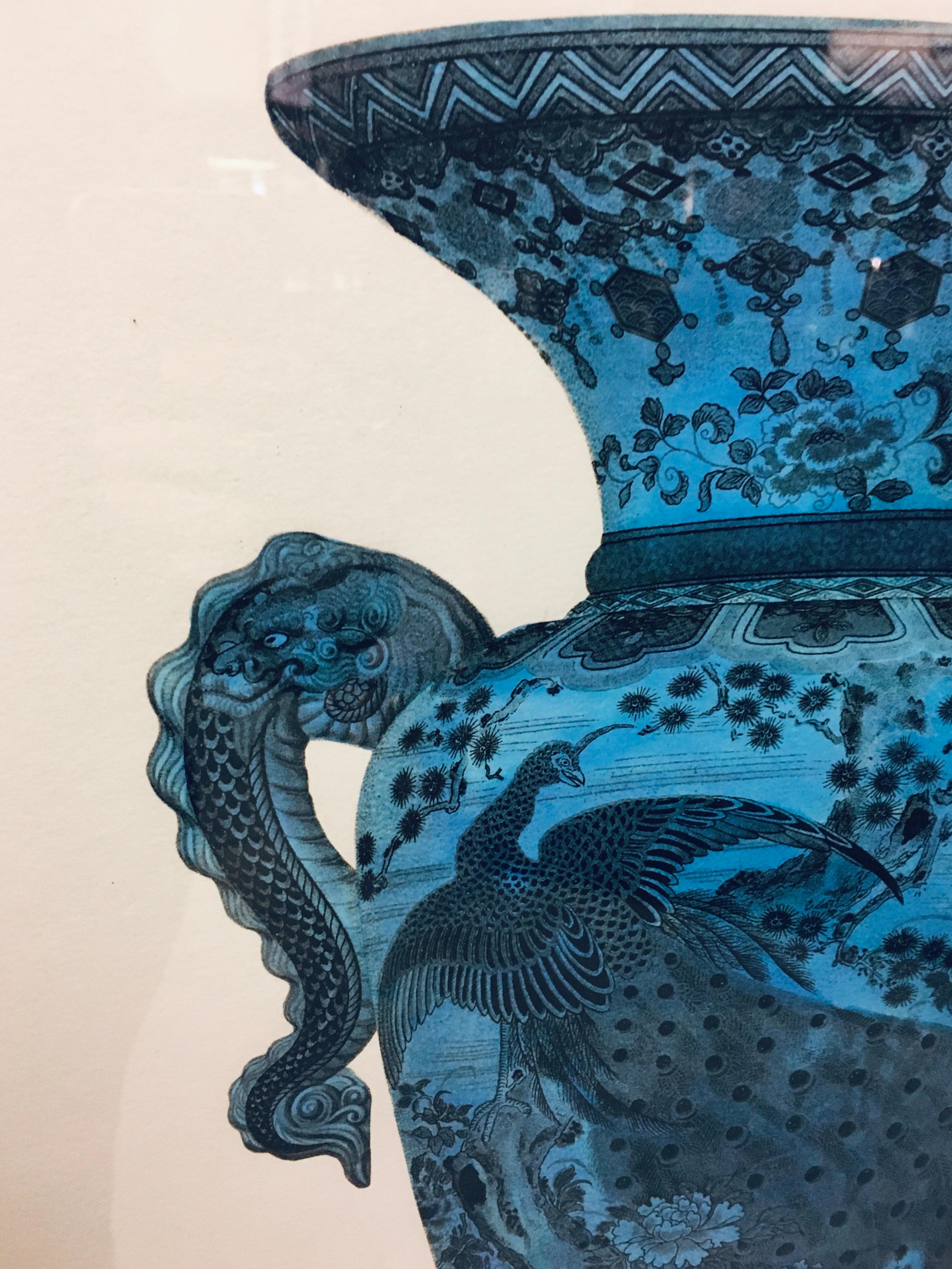  Italian Contemporary Hand Painted Blue China Vase Print with Black Frame 3 of 3 In New Condition For Sale In Scandicci, Florence
