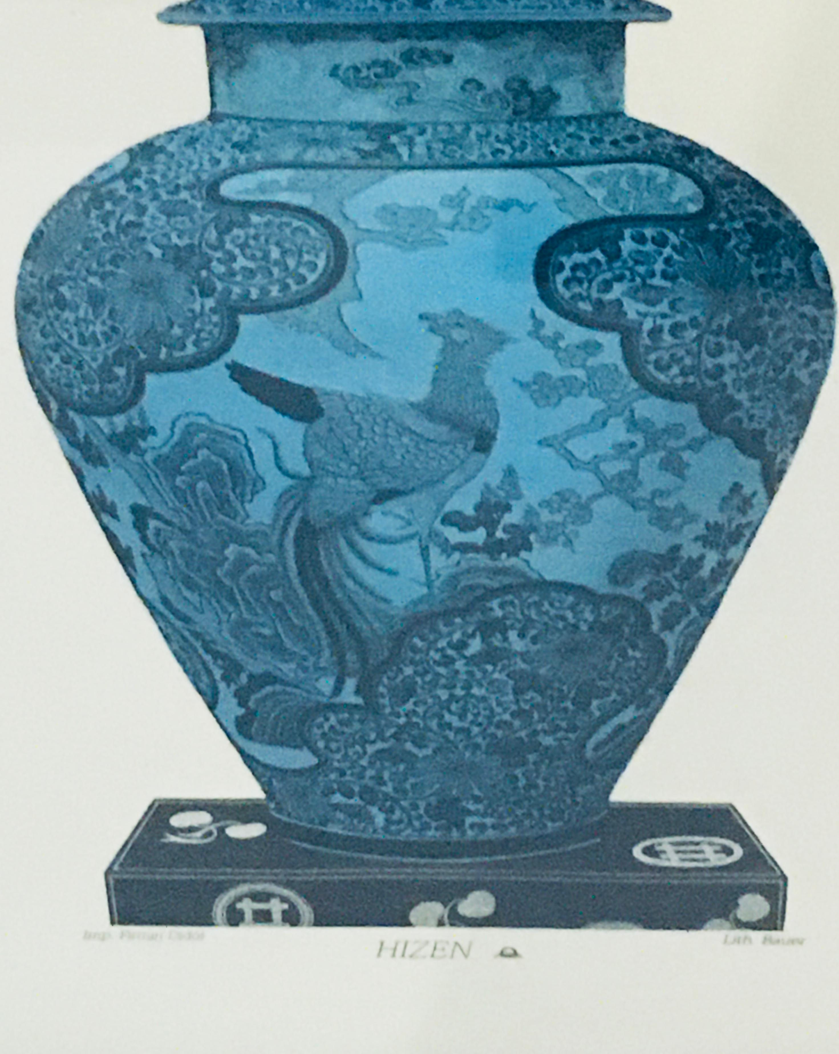 Hand-Painted  Italian Contemporary Hand Painted Blue China Vase Print with Black Frame 1 of 3 For Sale