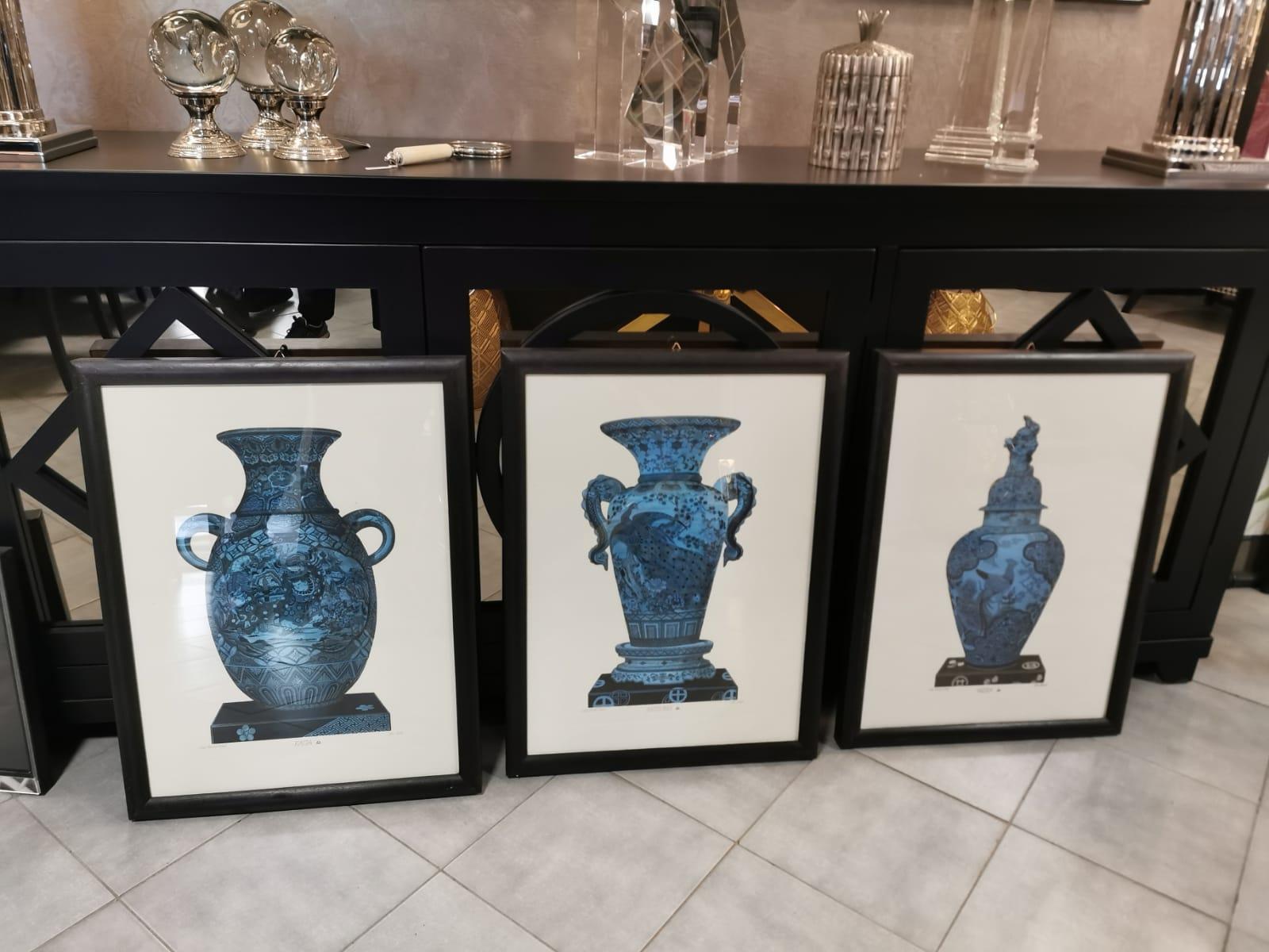 Hand-Painted  Italian Contemporary Hand Painted Blue China Vase Print with Black Frame 2 of 3 For Sale