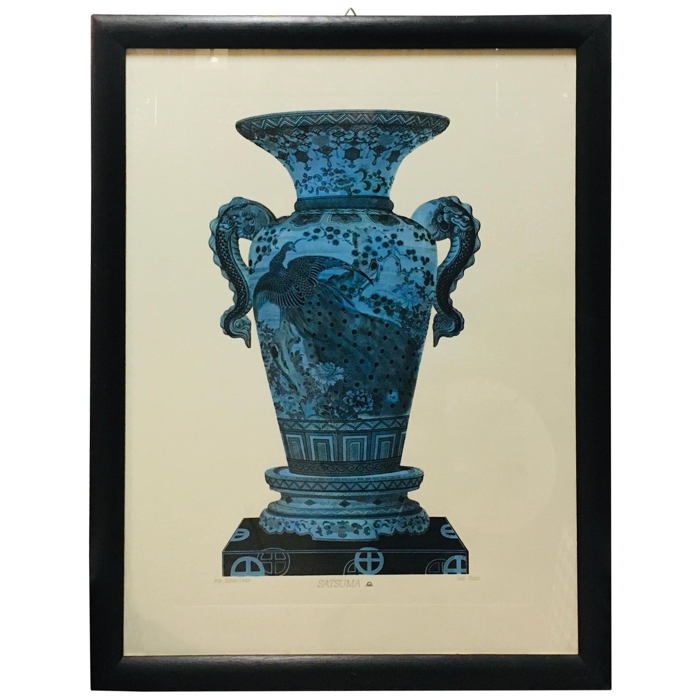  Italian Contemporary Hand Painted Blue China Vase Print with Black Frame 3 of 3 For Sale