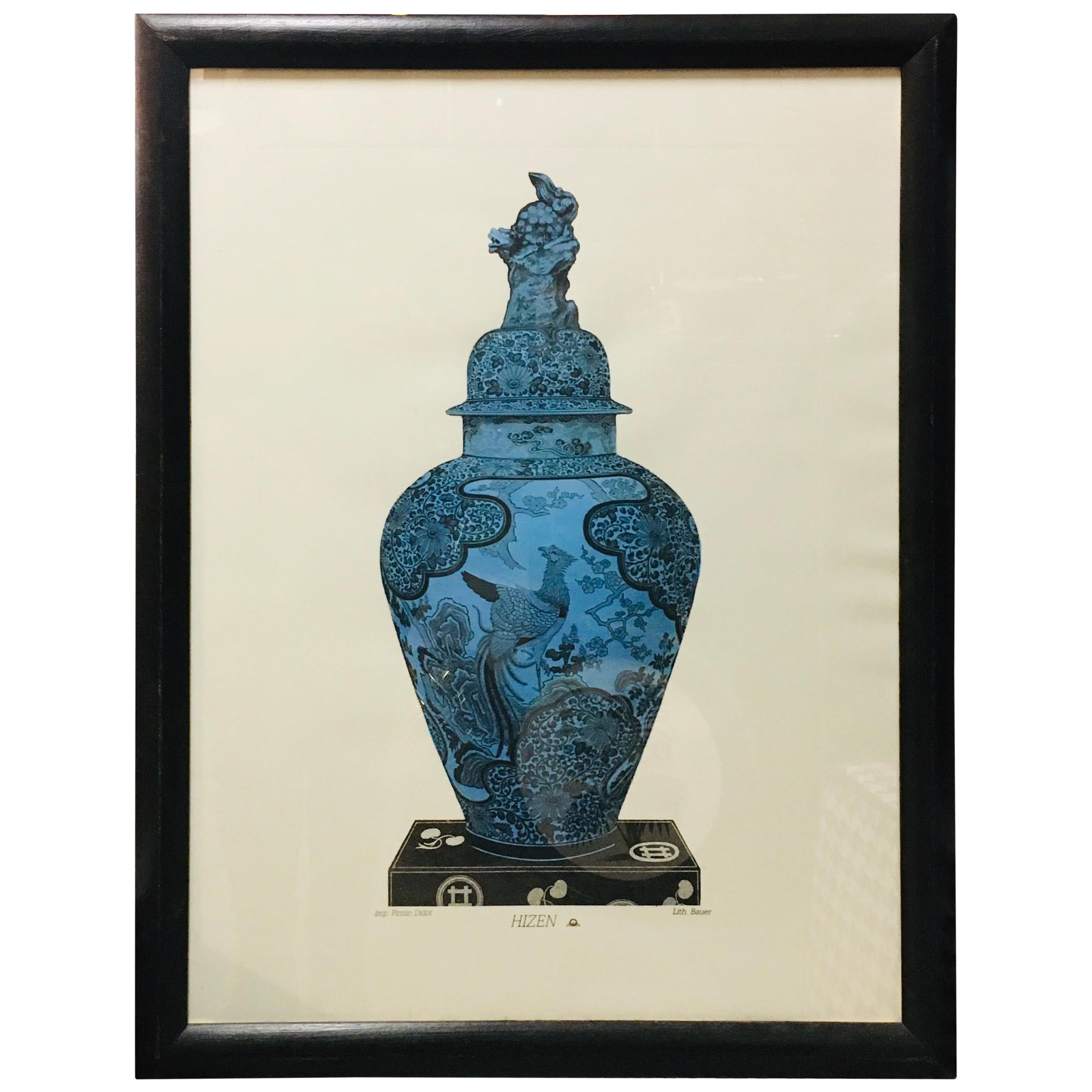  Italian Contemporary Hand Painted Blue China Vase Print with Black Frame 1 of 3 For Sale