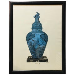  Stampa contemporanea italiana del vaso di Cina blu dipinto a mano con cornice nera 1 di 3
