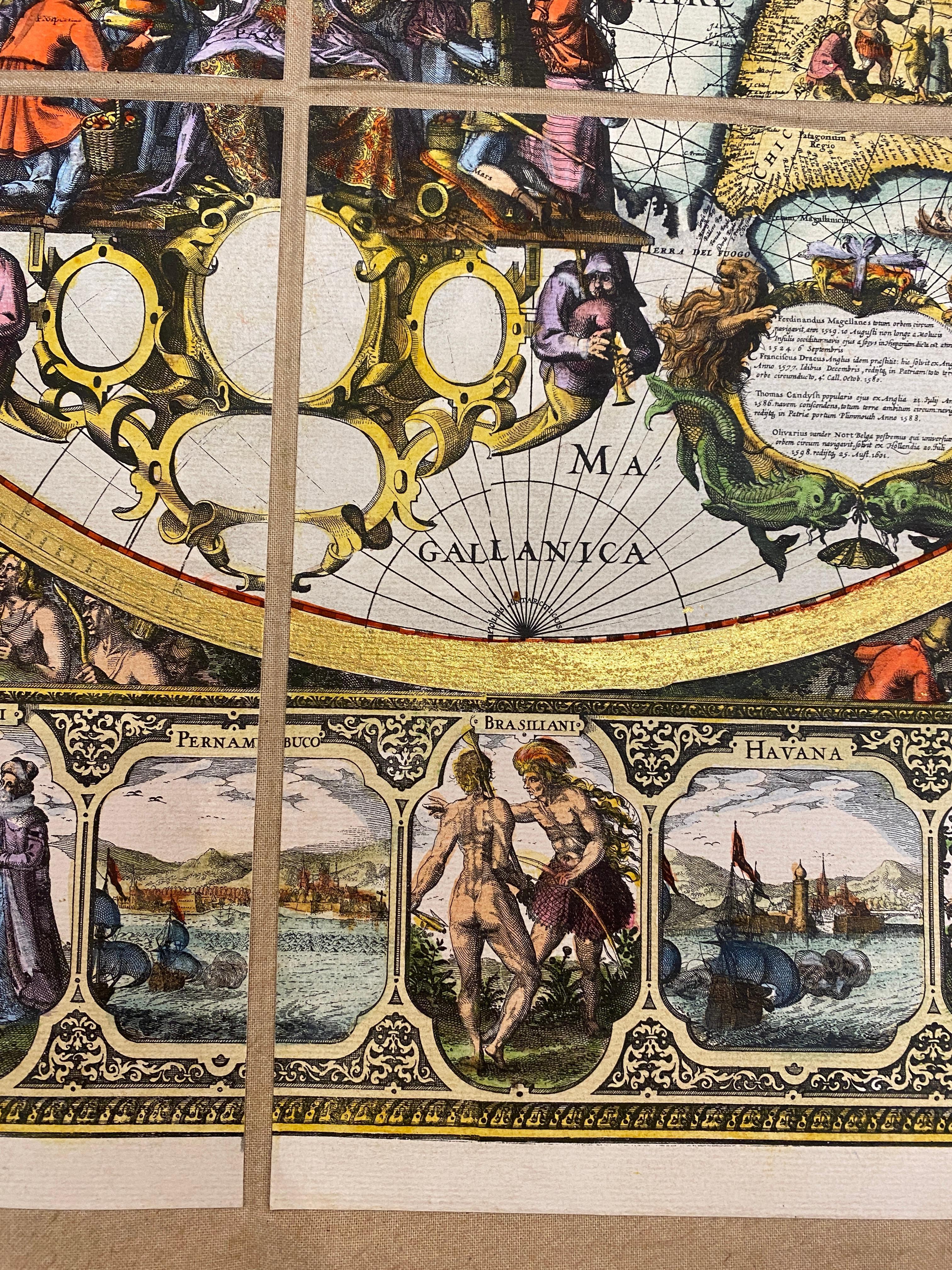 Beautiful reproduction of an antique English map showing th Planisfere, with continets, views of important cities and their population,  made in 1602 By Petri Kerl.
We can see with what mastery of joints and vivid colours the author depicts lands, ,
