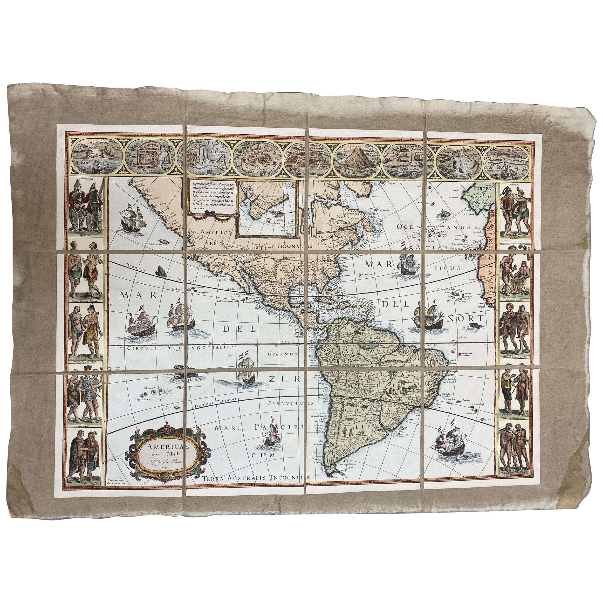 Carte ancienne italienne contemporaine imprimée à la main sur toile "The Americas"