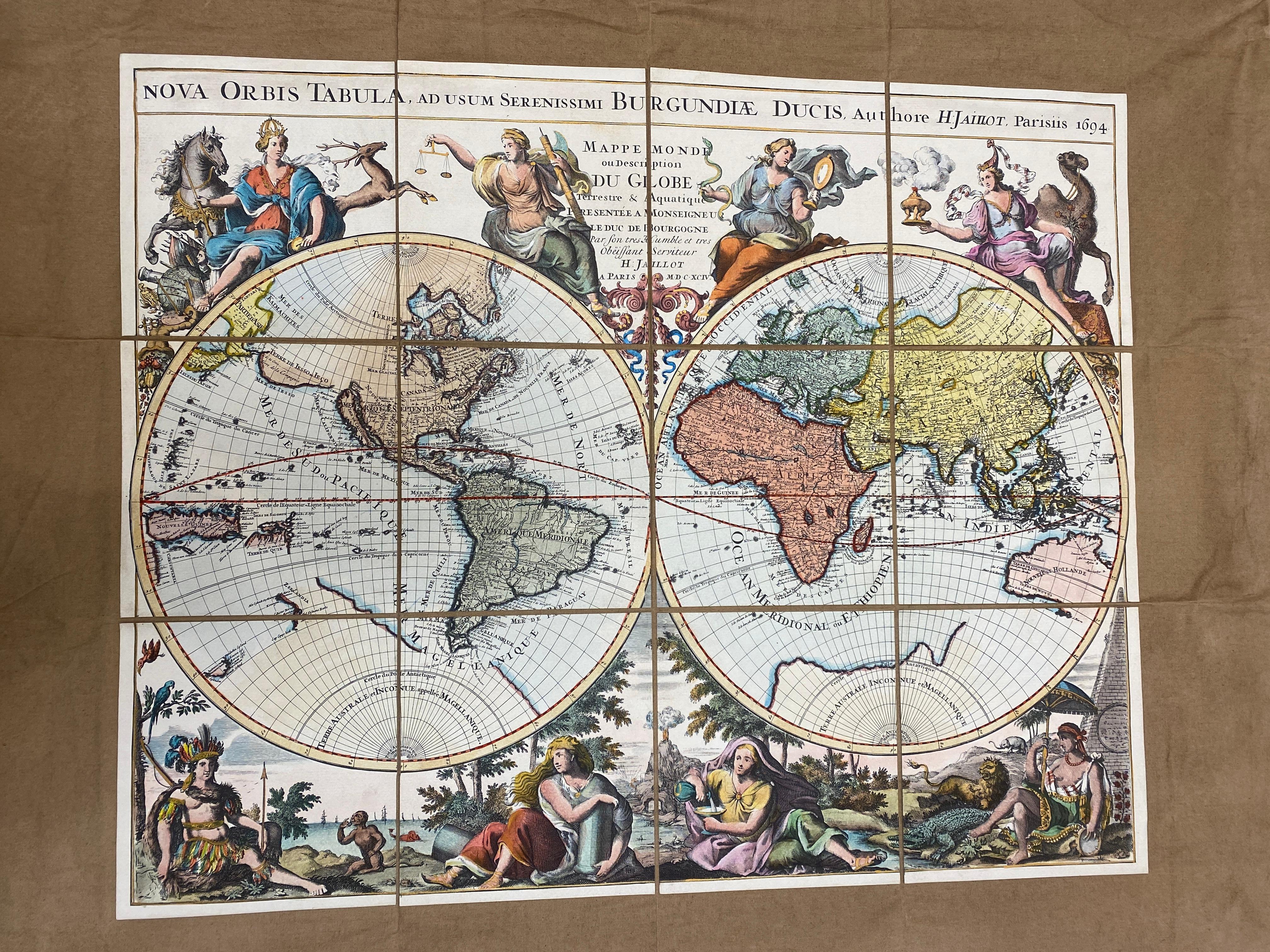 Beautiful reproduction of an antique French map showing the globe divided into the two hemispheres, made in Paris nl 1694 by H. Jaillot. 

Internal measure: 85 x 68.5 cm

The technique of applying the print on a cotton canvas dates back to the