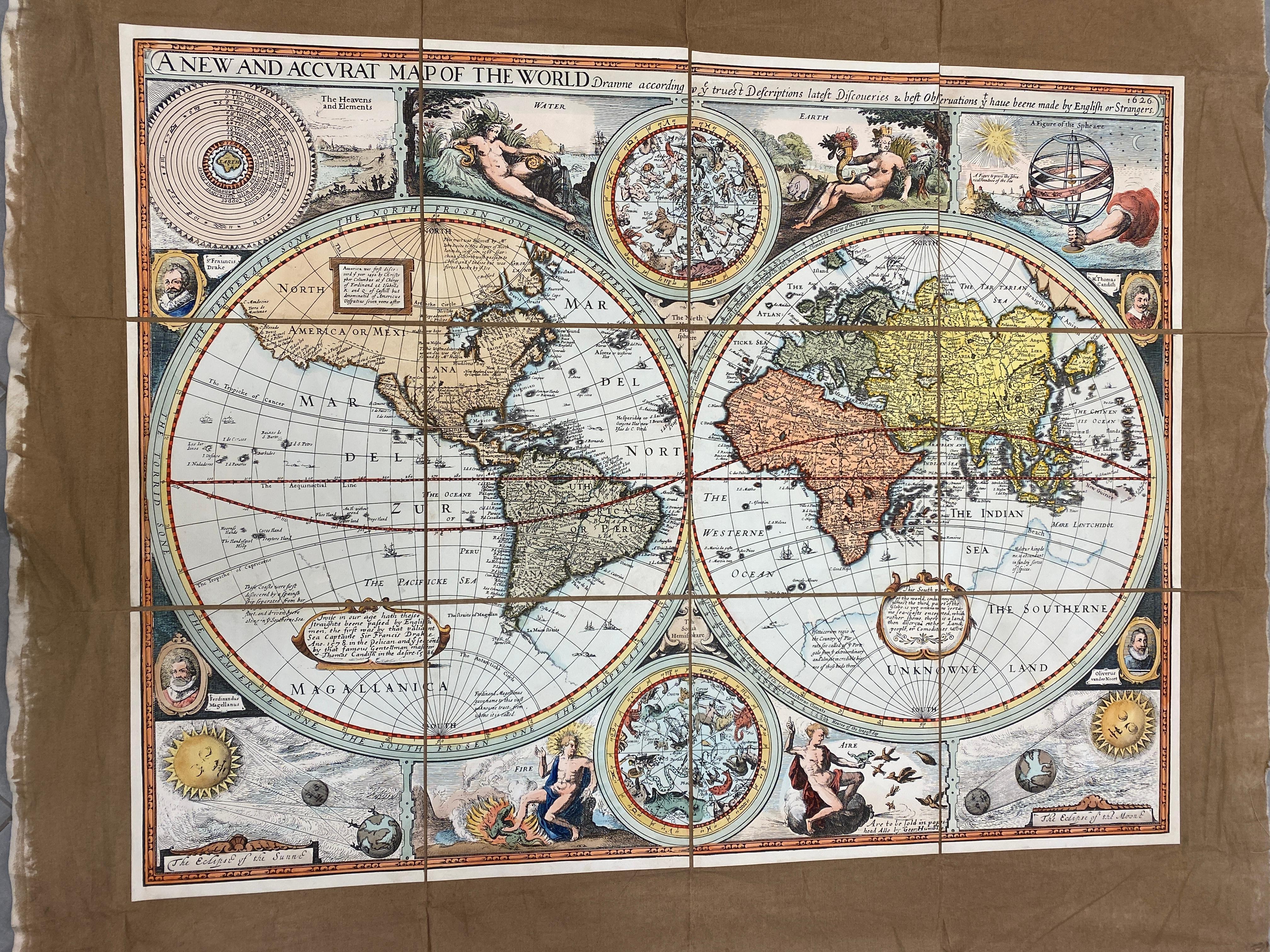 Beautiful reproduction of an antique English map showing th Planisfere, with astral hemisfere,  made in 1629.
We can see with what mastery of joints and vivid colours the author depicts lands, costellations, maps and and allegories of the 4