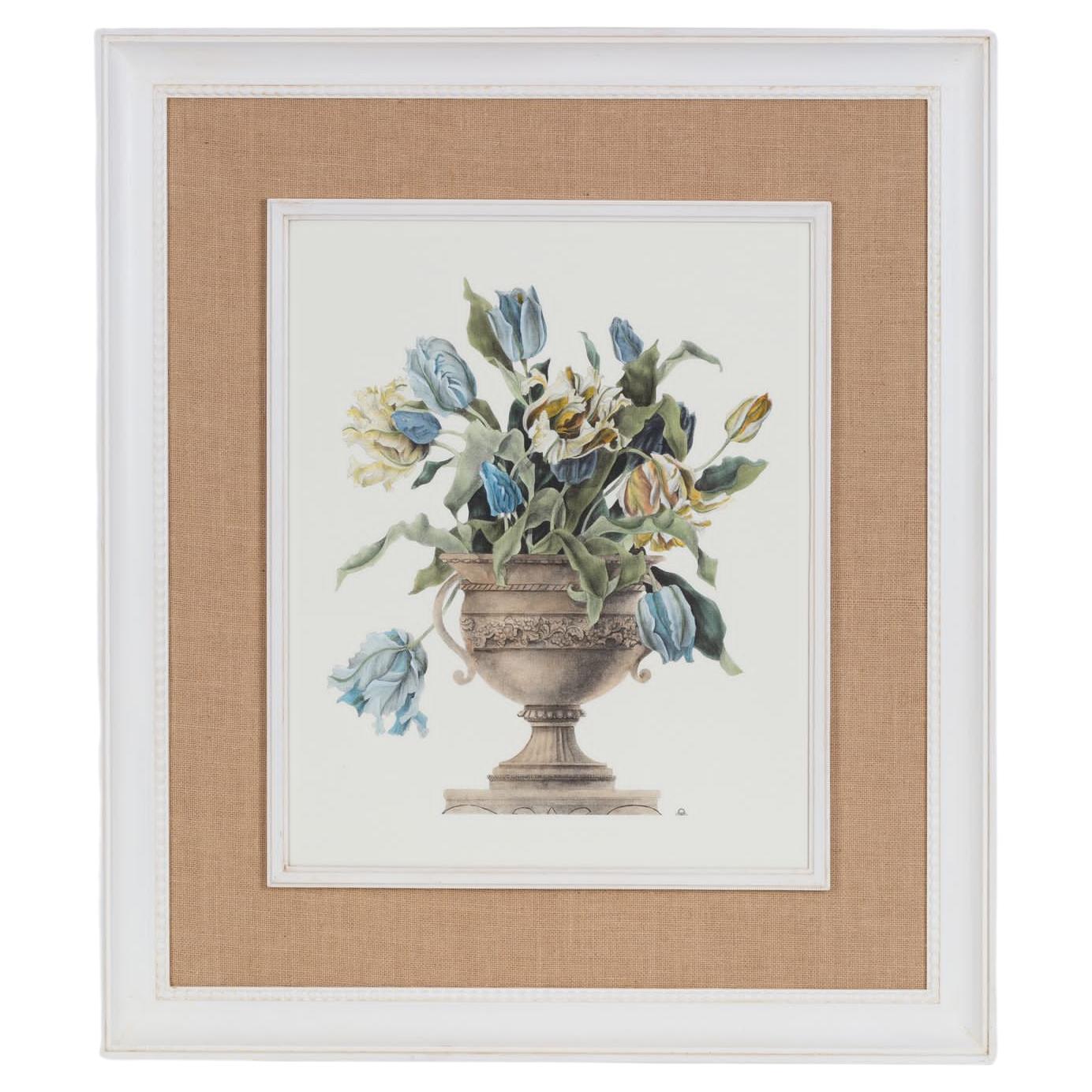 Italian Contemporary HandCrafted Print "Tulip Vase" Wood and Jute Frame 1 of 2 For Sale
