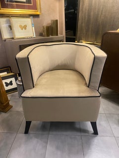 Italian Contemporary Light Creamy Velvet and Black Wood Bucket Armchair