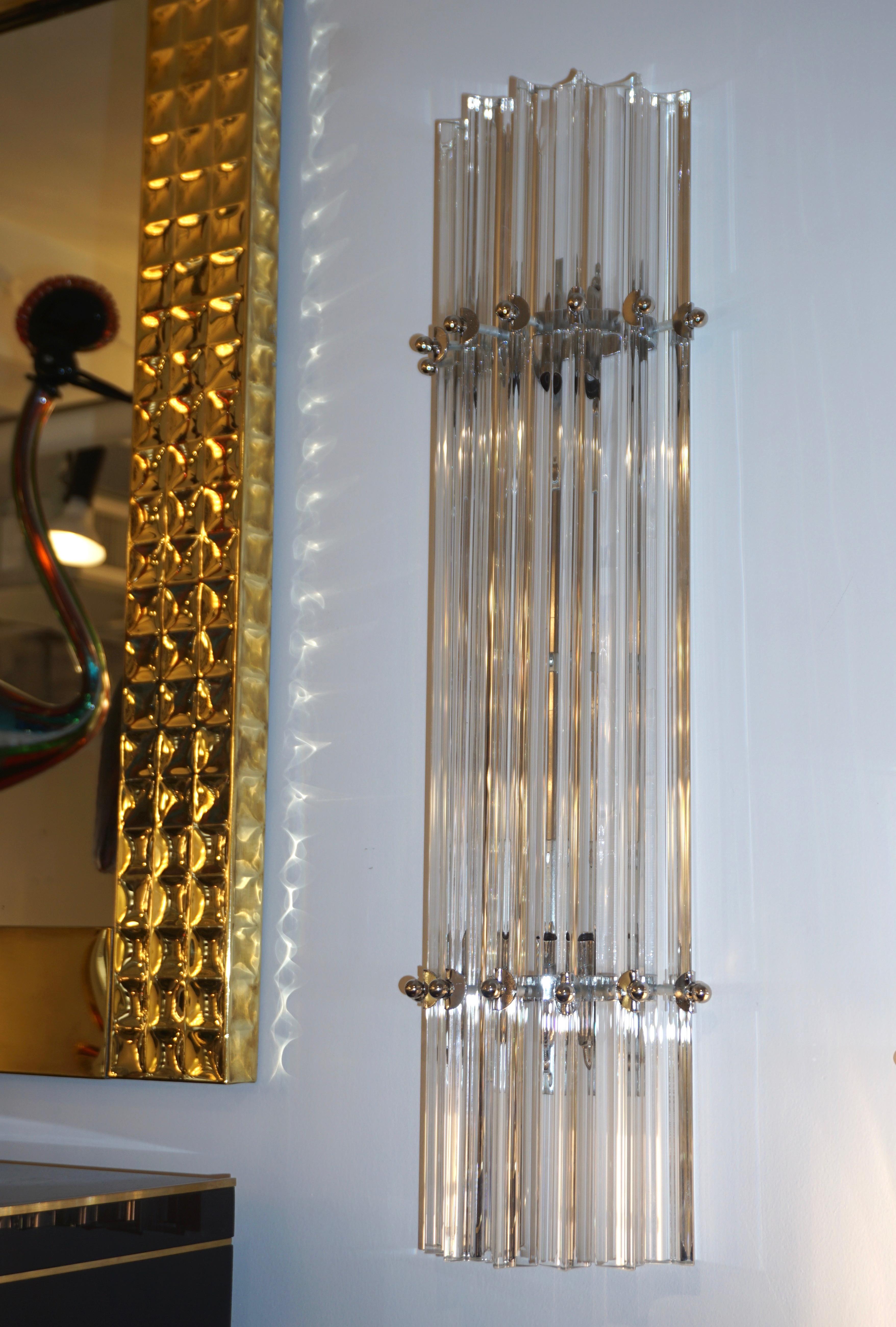 Italian Contemporary Minimalist Crystal Murano Glass Nickel Vertical Wall Light For Sale 3