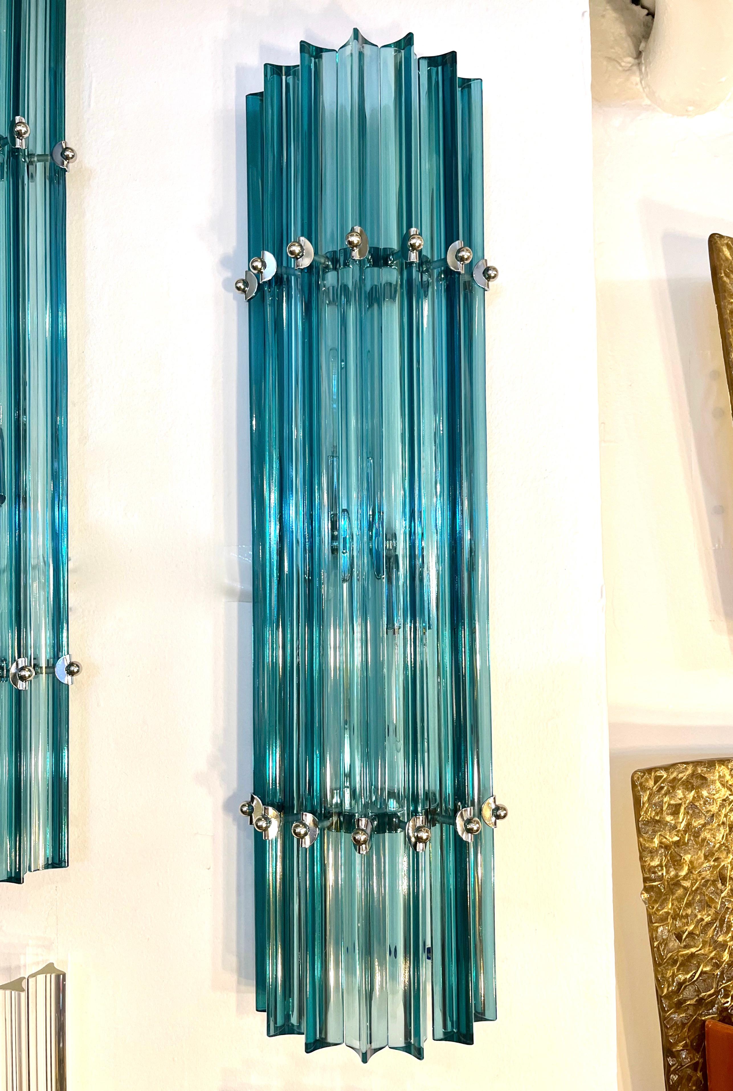 Organic Modern Italian Contemporary Minimalist Pair of Aquamarine Murano Glass Nickel Sconces For Sale