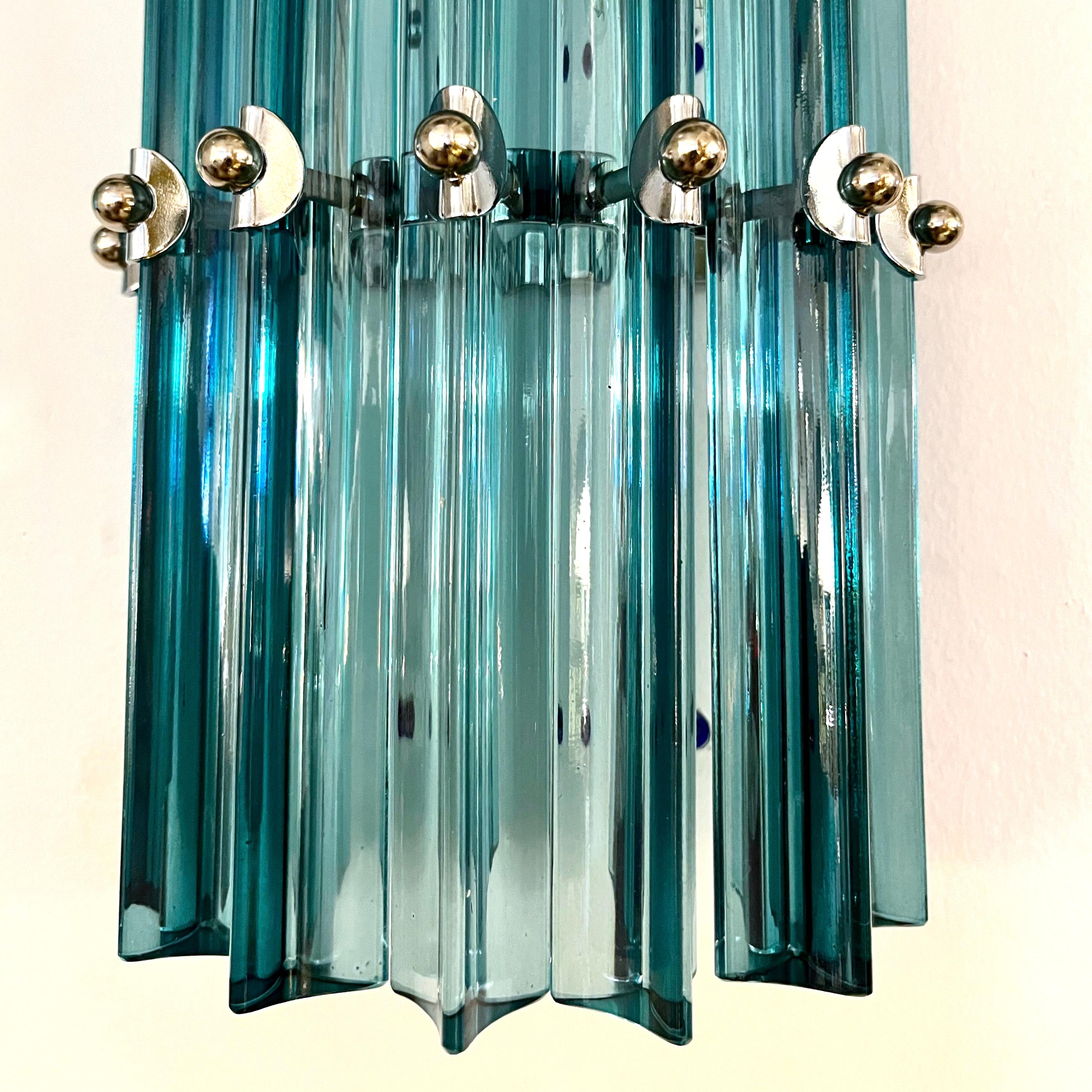 Hand-Crafted Italian Contemporary Minimalist Pair of Aquamarine Murano Glass Nickel Sconces For Sale