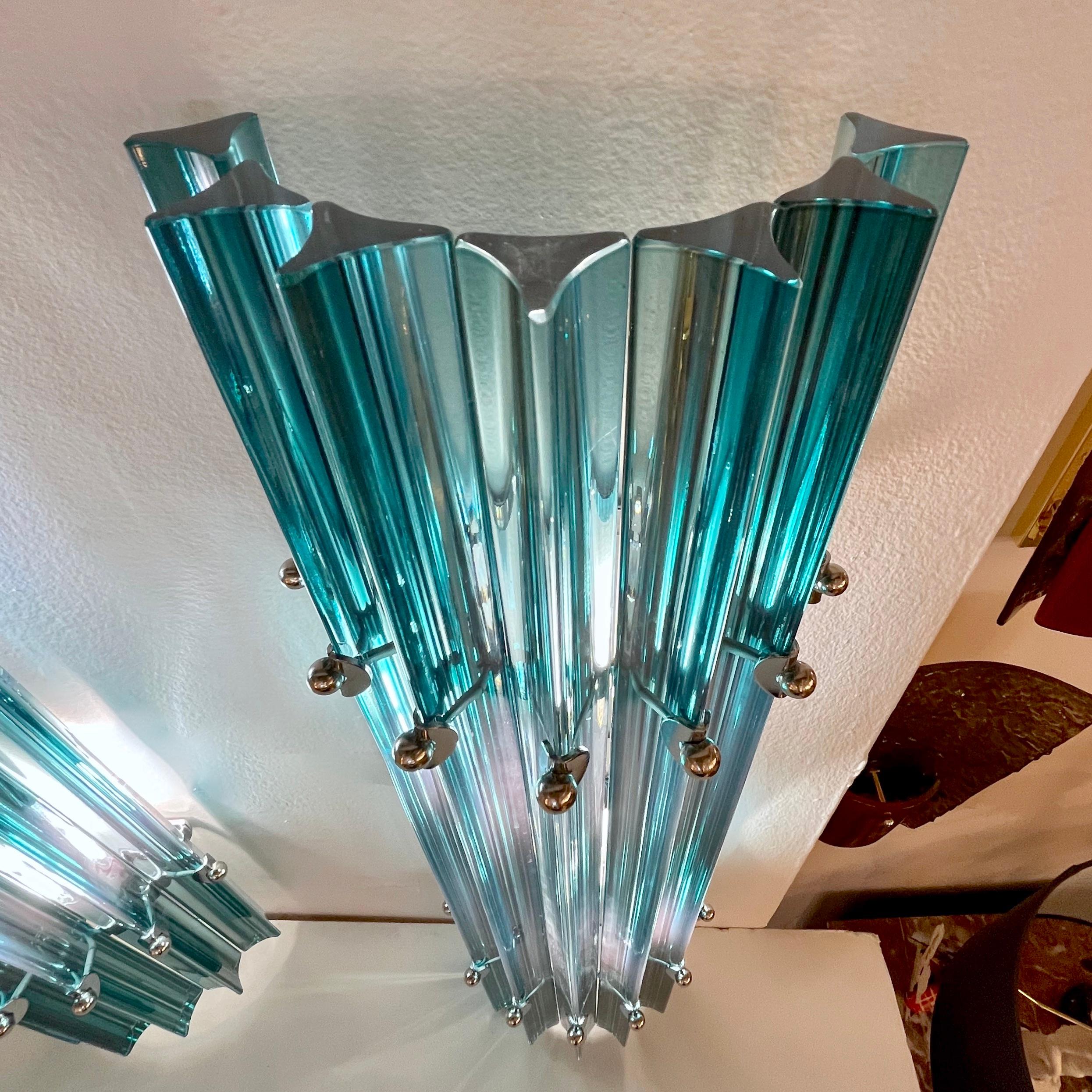 Italian Contemporary Minimalist Pair of Aquamarine Murano Glass Nickel Sconces In New Condition For Sale In New York, NY