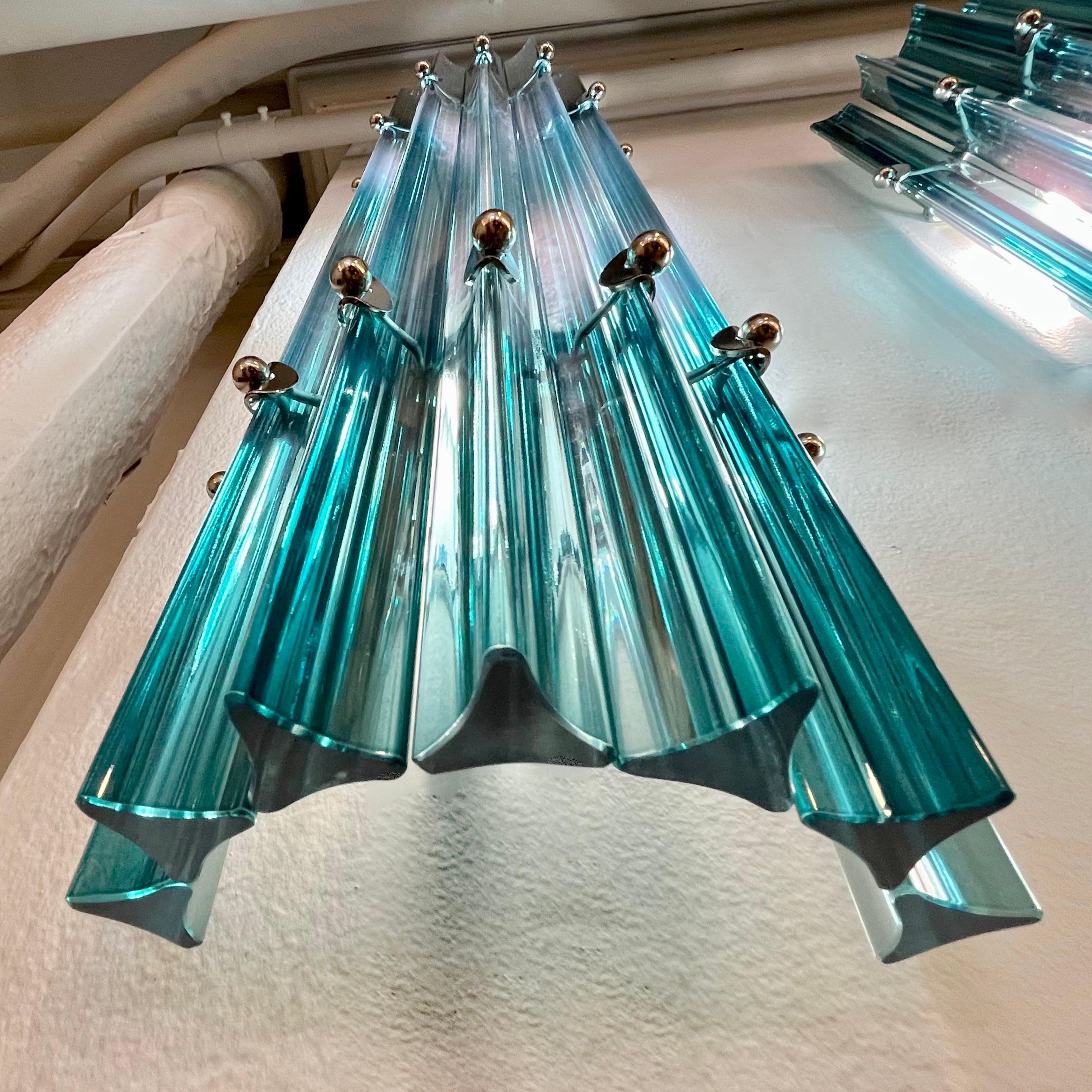 Art Glass Italian Contemporary Minimalist Pair of Aquamarine Murano Glass Nickel Sconces For Sale