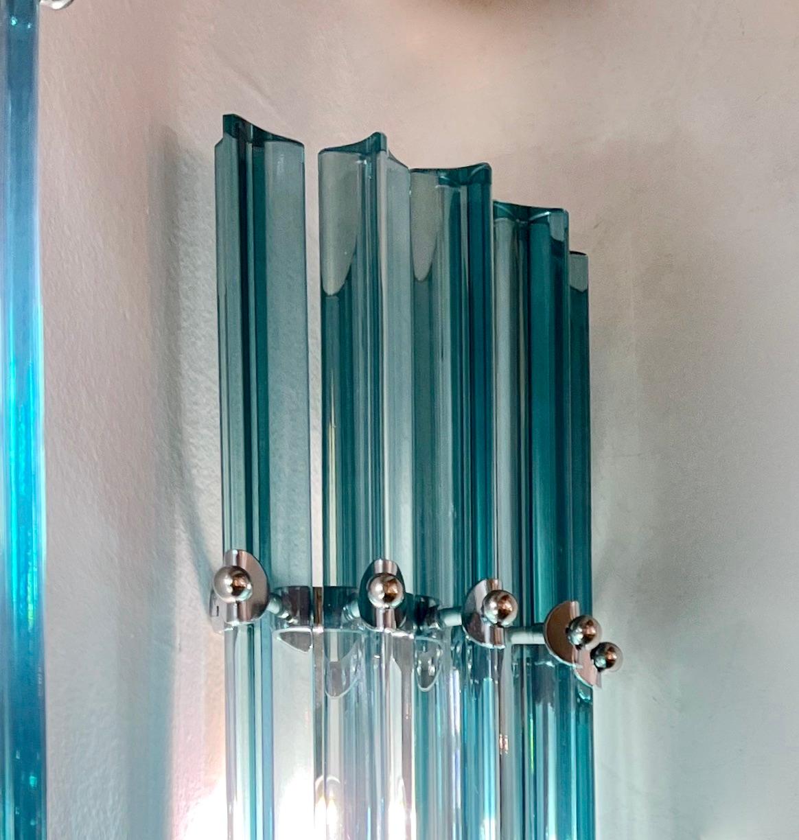 Italian Contemporary Minimalist Pair of Aquamarine Murano Glass Nickel Sconces For Sale 2