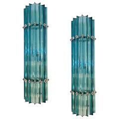 Italian Contemporary Minimalist Pair of Aquamarine Murano Glass Nickel Sconces
