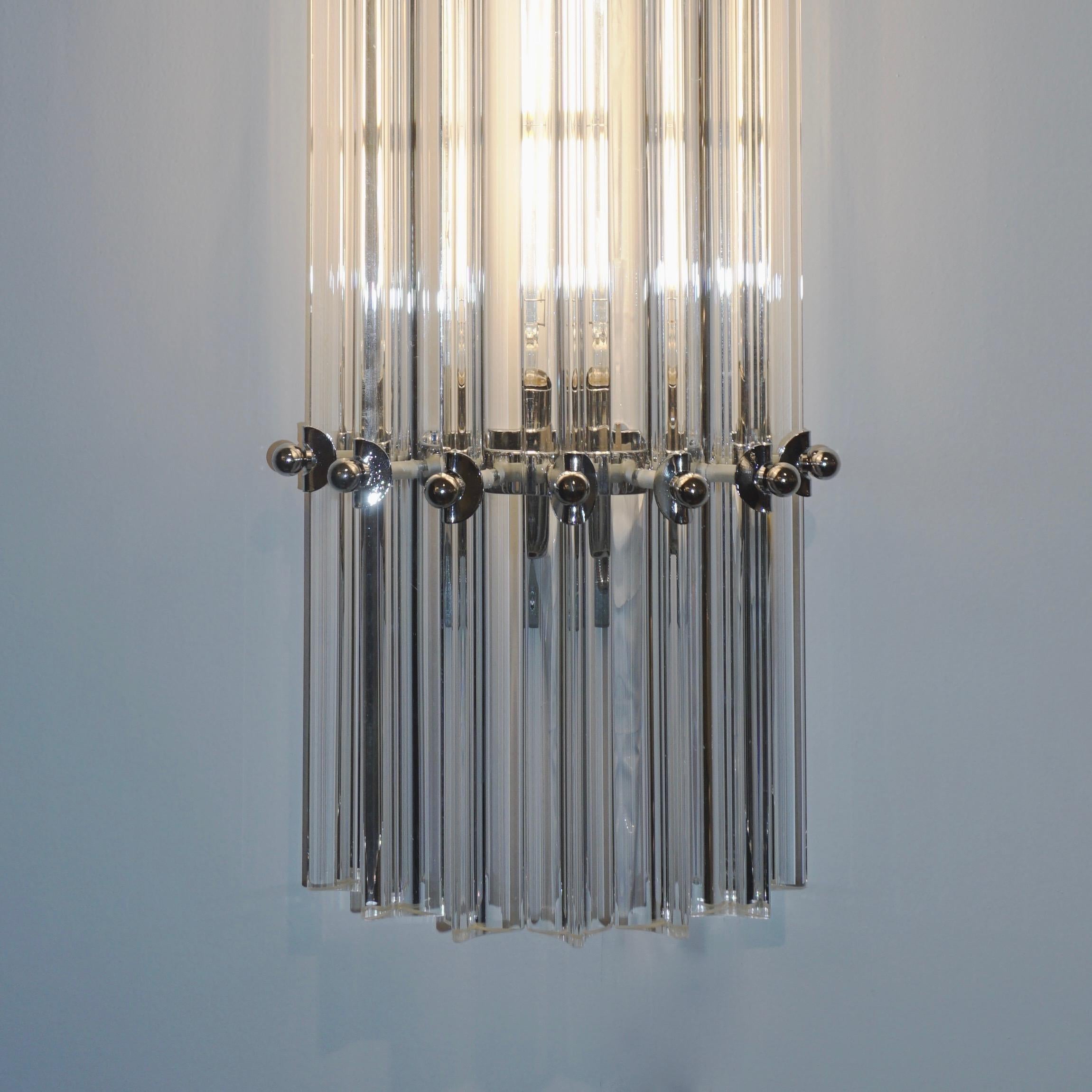 Metal Italian Contemporary Minimalist Pair of Nickel & Crystal Murano Glass Sconces For Sale