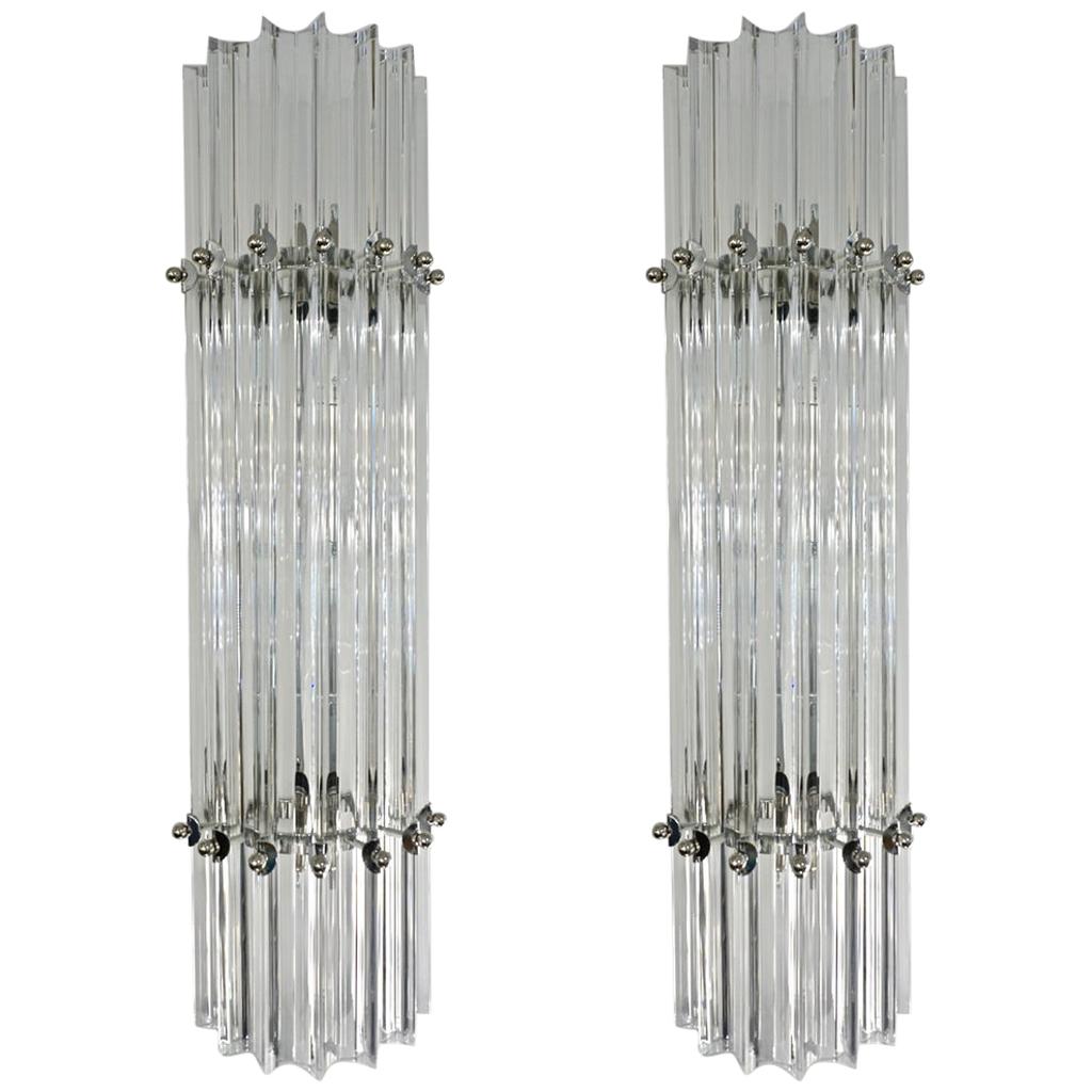 Italian Contemporary Minimalist Pair of Nickel & Crystal Murano Glass Sconces For Sale