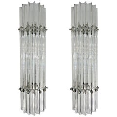 Italian Contemporary Minimalist Pair of Nickel & Crystal Murano Glass Sconces