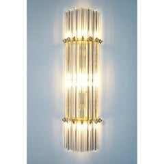 Italian Contemporary Minimalist Pair of Satin Brass Crystal Murano Glass Sconces