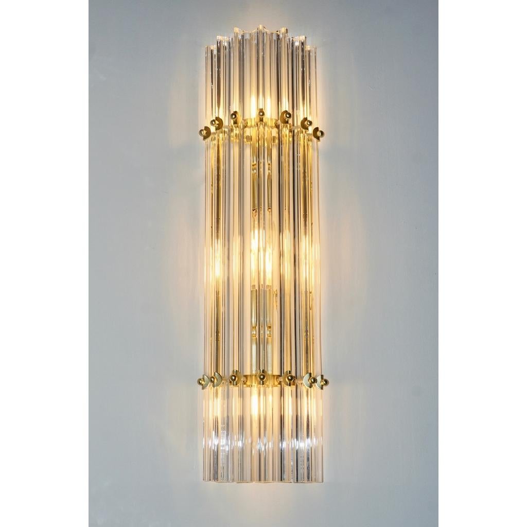 Italian Contemporary Minimalist Pair of Satin Brass Crystal Murano Glass Sconces For Sale 2