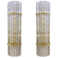 Italian Contemporary Minimalist Pair of Satin Brass Crystal Murano Glass Sconces