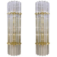 Vintage Italian Contemporary Minimalist Pair of Satin Brass Crystal Murano Glass Sconces