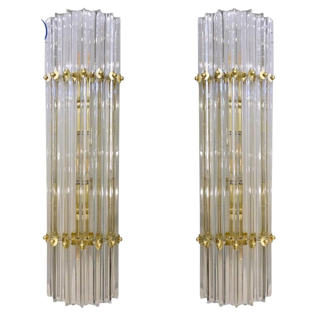 Italian Contemporary Minimalist Pair of Satin Brass Crystal Murano Glass Sconces