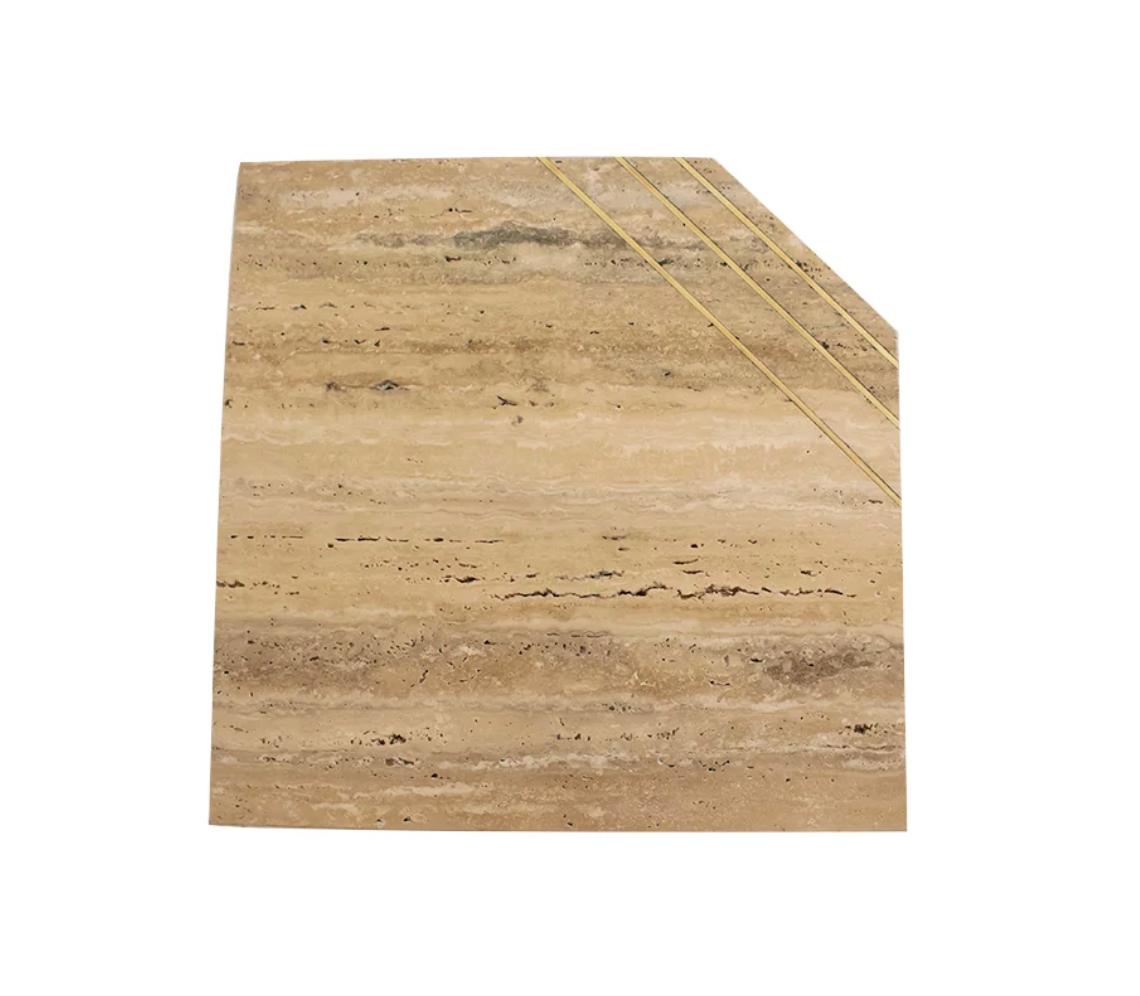 Organic Modern Italian Contemporary Modern Travertine Nesting Tables Set with Brass Insets For Sale