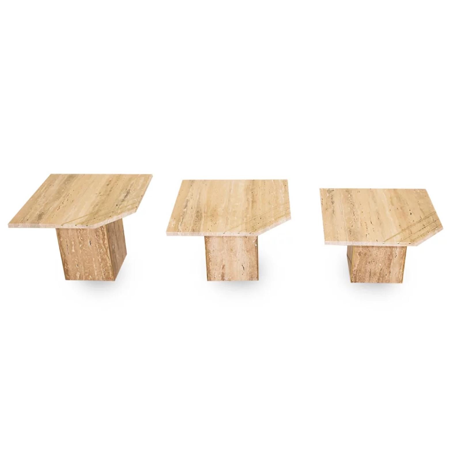 Hand-Crafted Italian Contemporary Modern Travertine Nesting Tables Set with Brass Insets For Sale