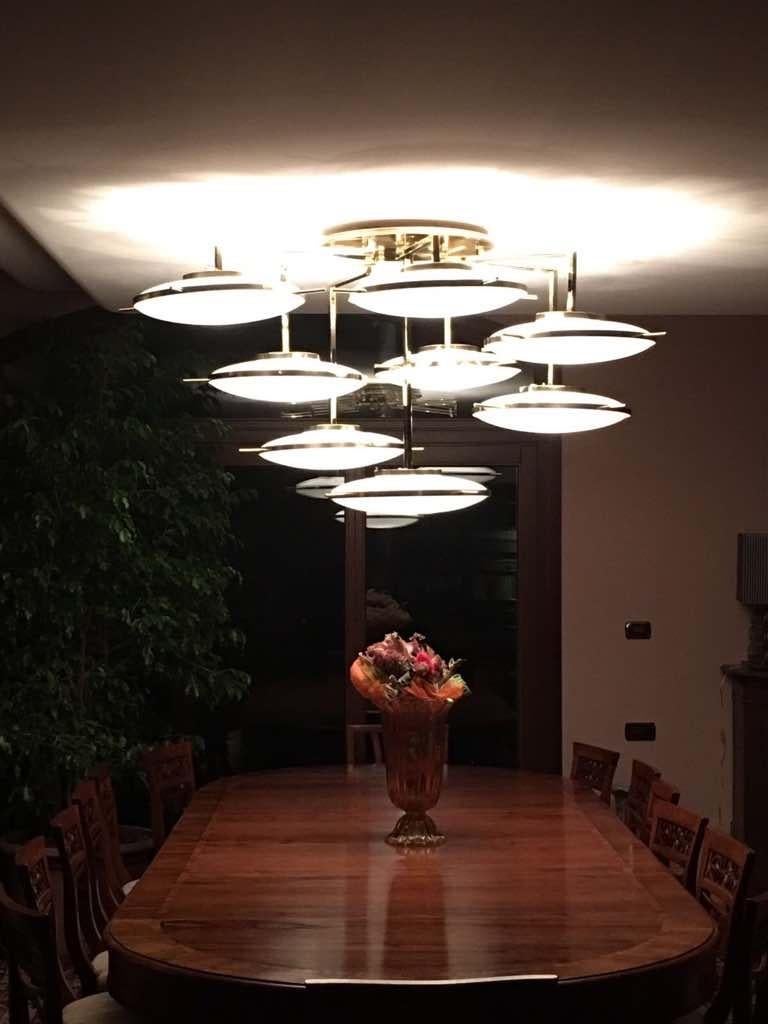 Organic Modern Italian Contemporary Multi Level Brass and White Murano Glass Disk Chandelier