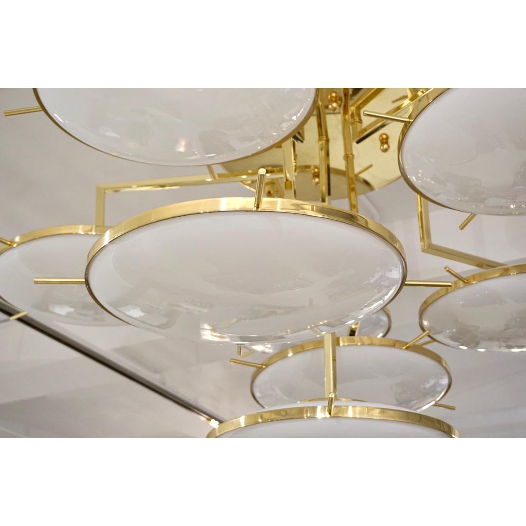 Hand-Crafted Italian Contemporary Multi Level Brass and White Murano Glass Disk Chandelier
