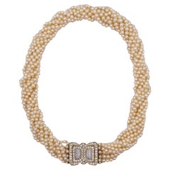 Italian Contemporary Multi Strand Pearls Necklace 18Kt Gold With 4.92 Ct Diamond