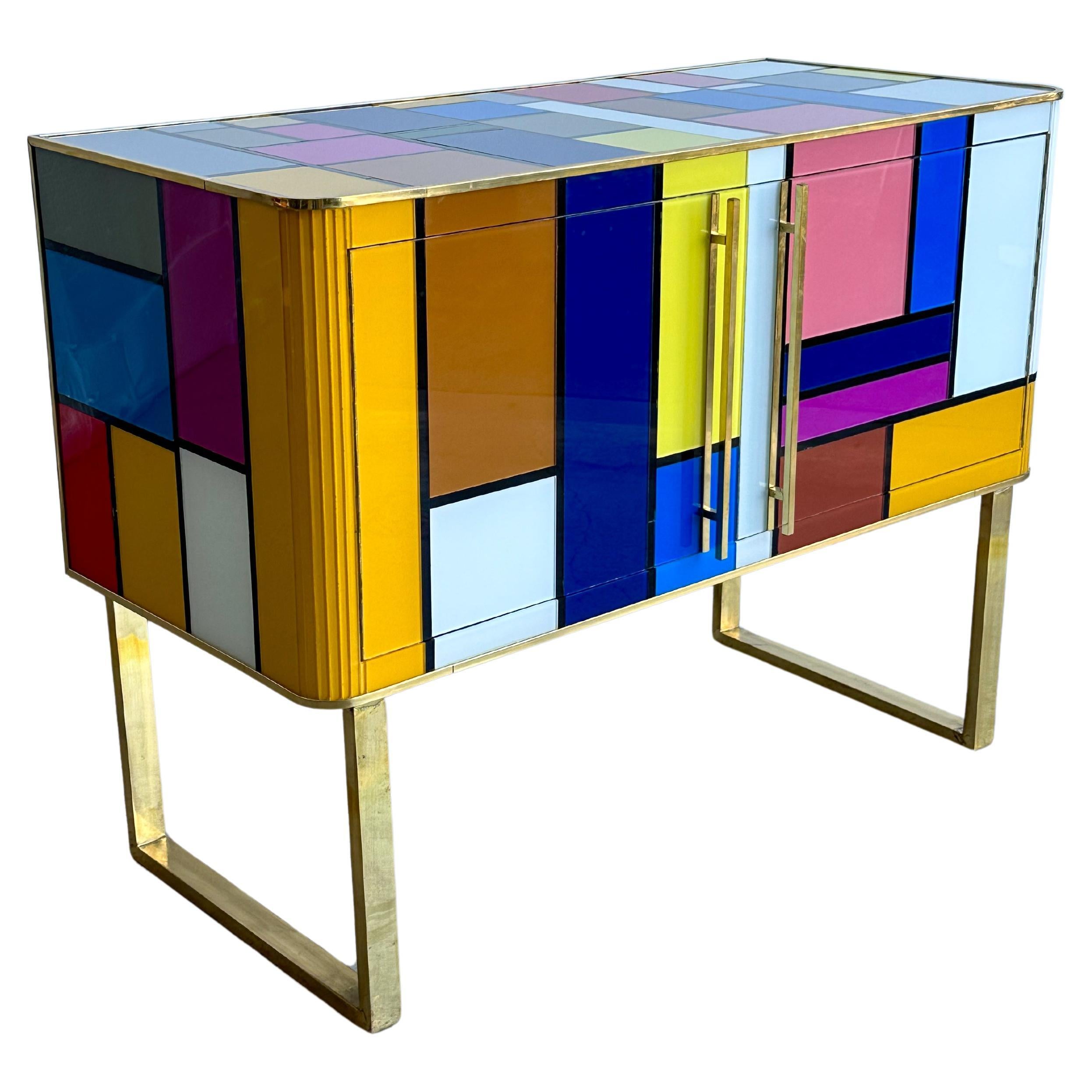 Murano Glass, Brass & Wood  Sideboard by Lumini Collections For Sale