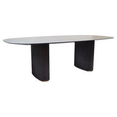 Italian Contemporary Oval Curved Dining Table Inlaid Dark Mahogany with Pedestal