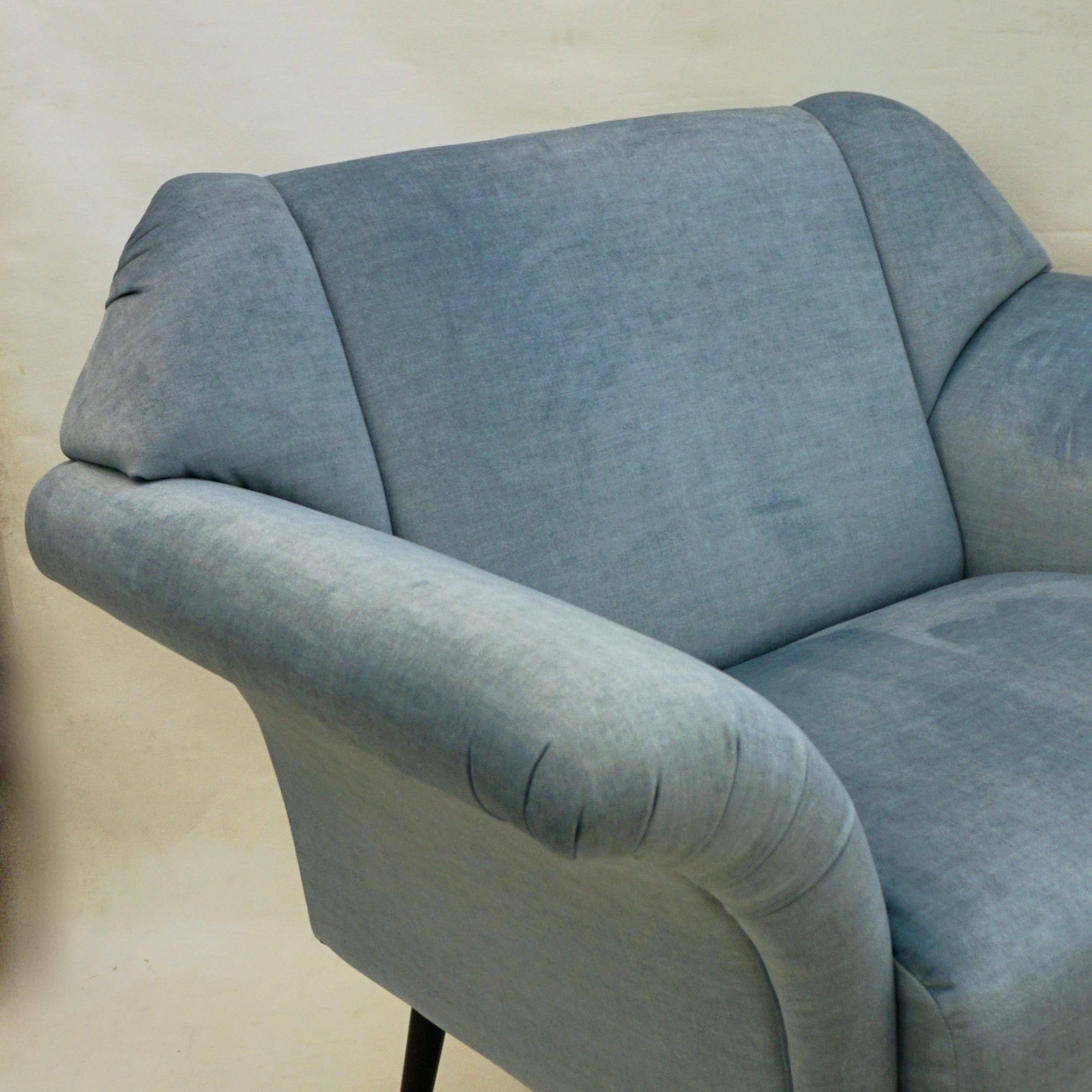 Velvet Cosulich Interiors Italian Mid-Century Modern Style Pair of Aquamarine Armchairs For Sale