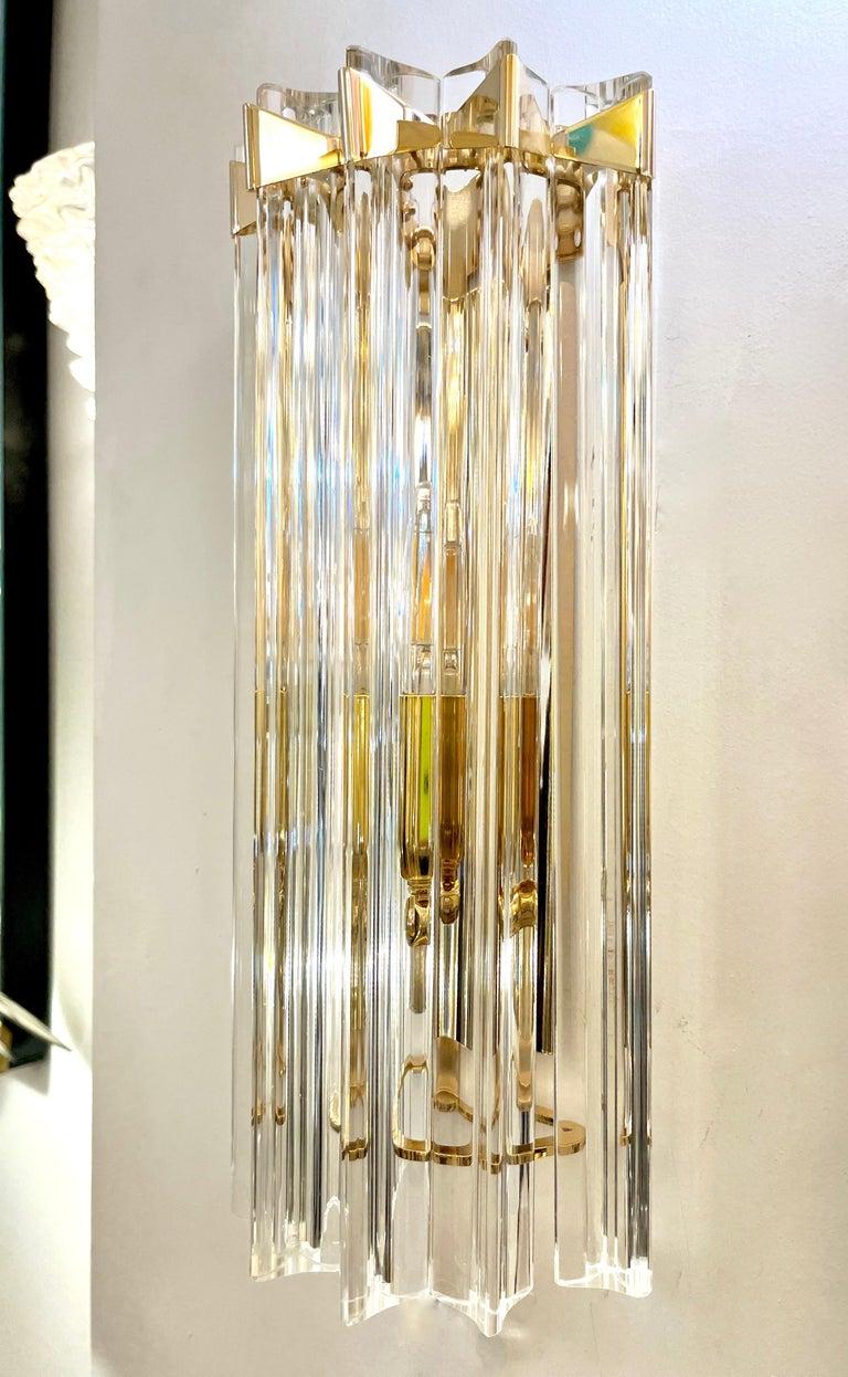Metal Italian Contemporary Pair of Minimalist Brass Crystal Clear Murano Glass Sconces For Sale