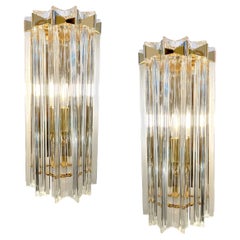 Italian Contemporary Pair of Minimalist Brass Crystal Clear Murano Glass Sconces