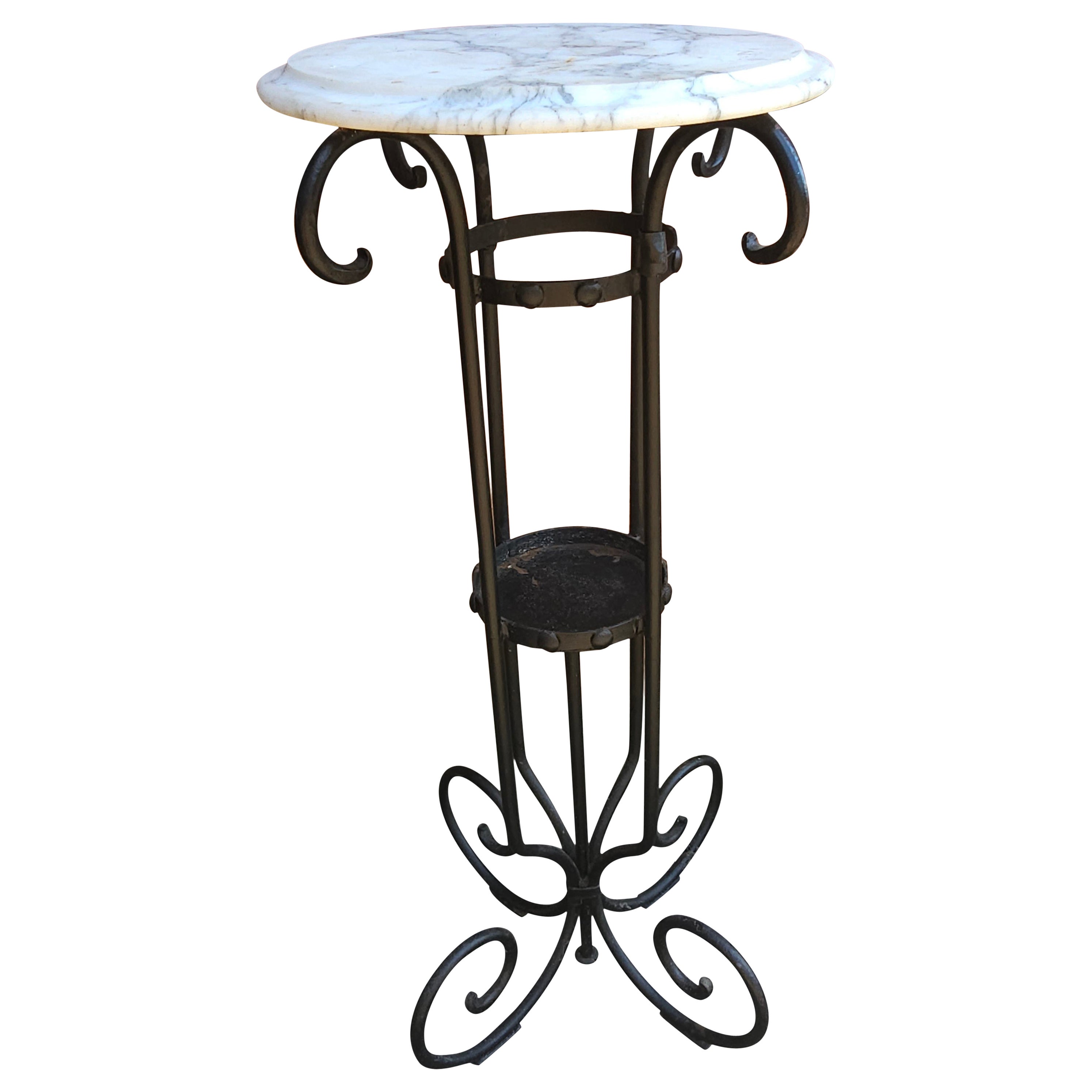 Italian Contemporary Patinated Metal And Marble Top Plant Stand Pedestal