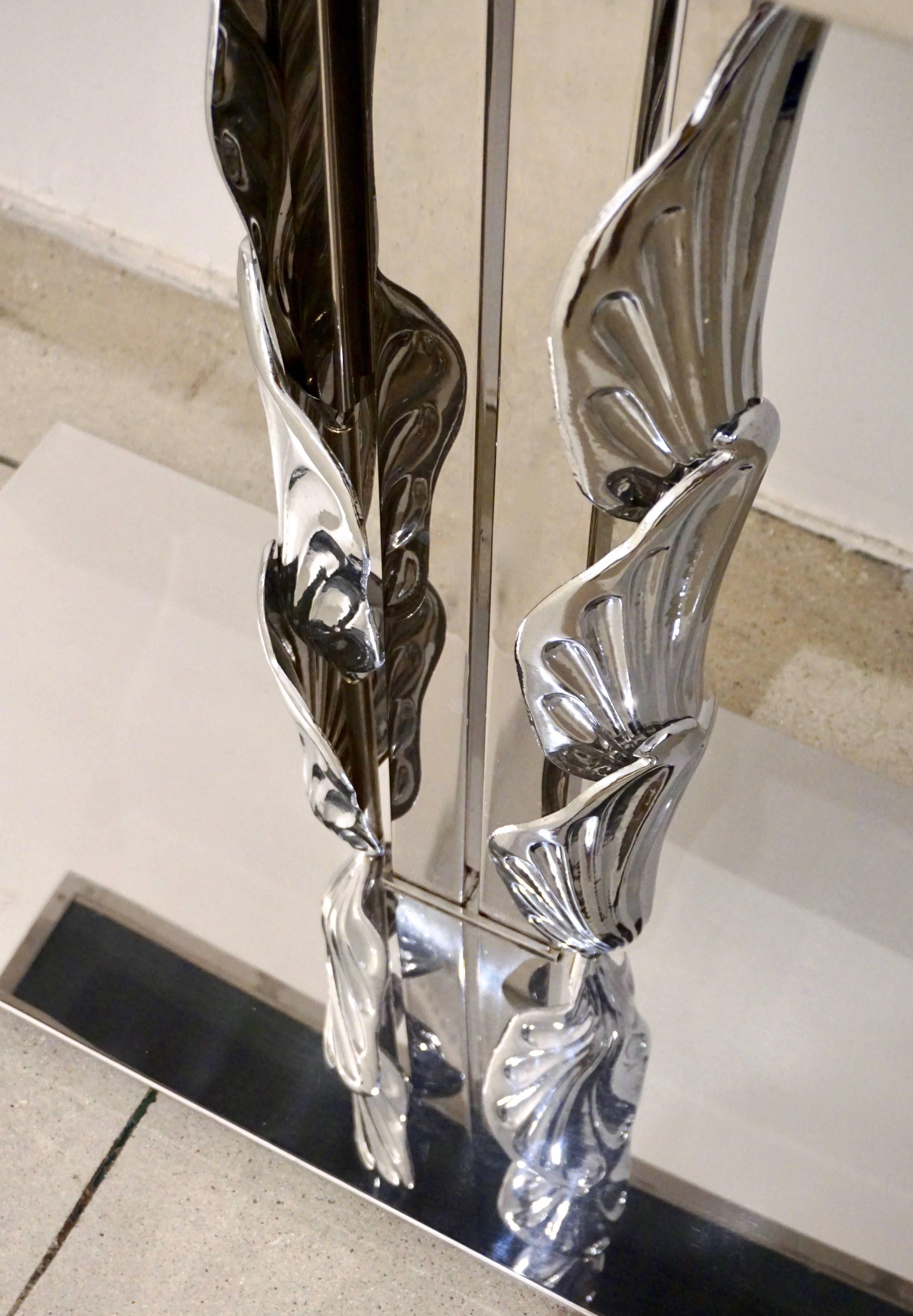 Organic Modern Italian Contemporary Polished Chrome and Black Glass Console with Shell Motif For Sale