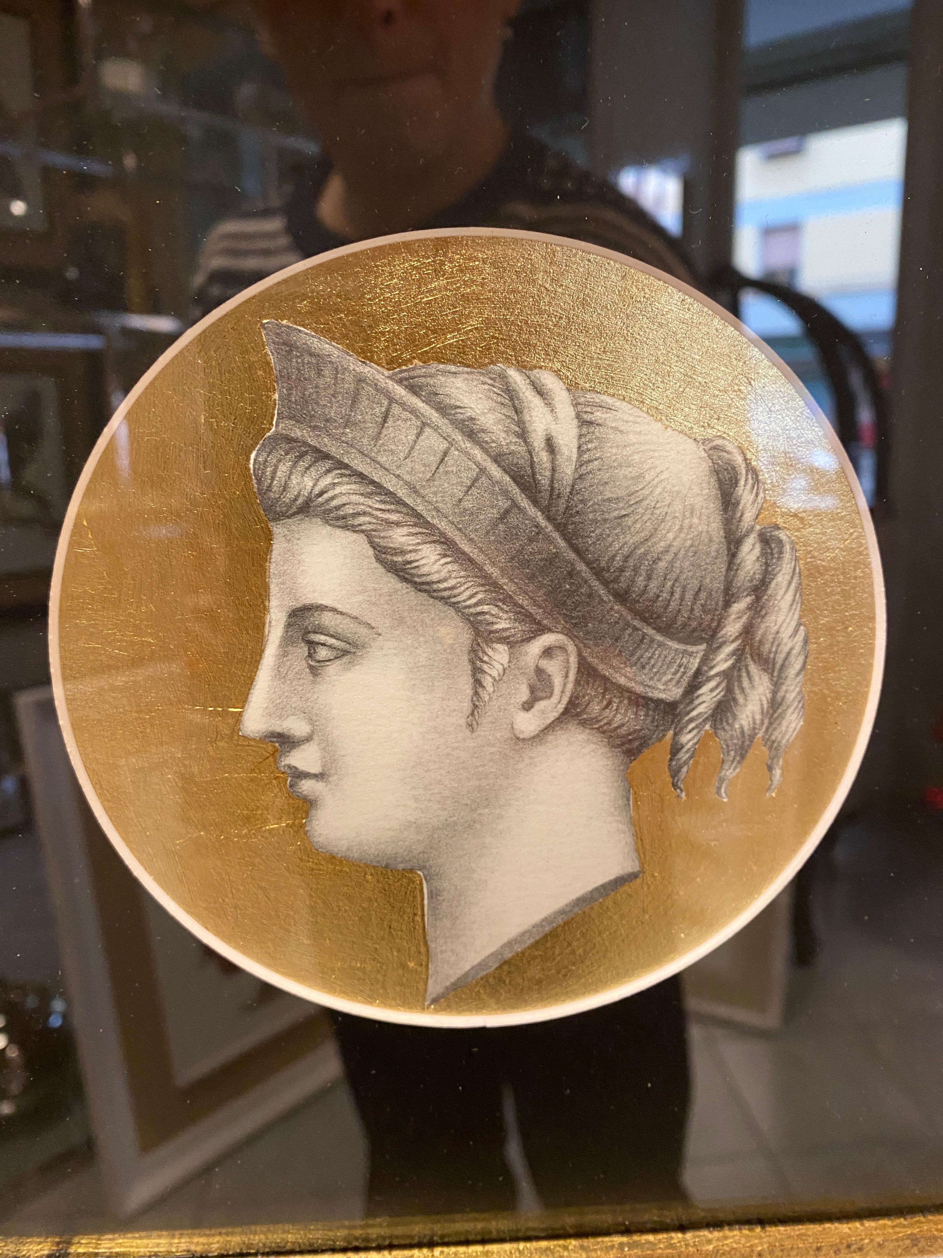 Neoclassical Italian Contemporary Print of Ancient Profile with Mirror and Gold Wood Frame  For Sale