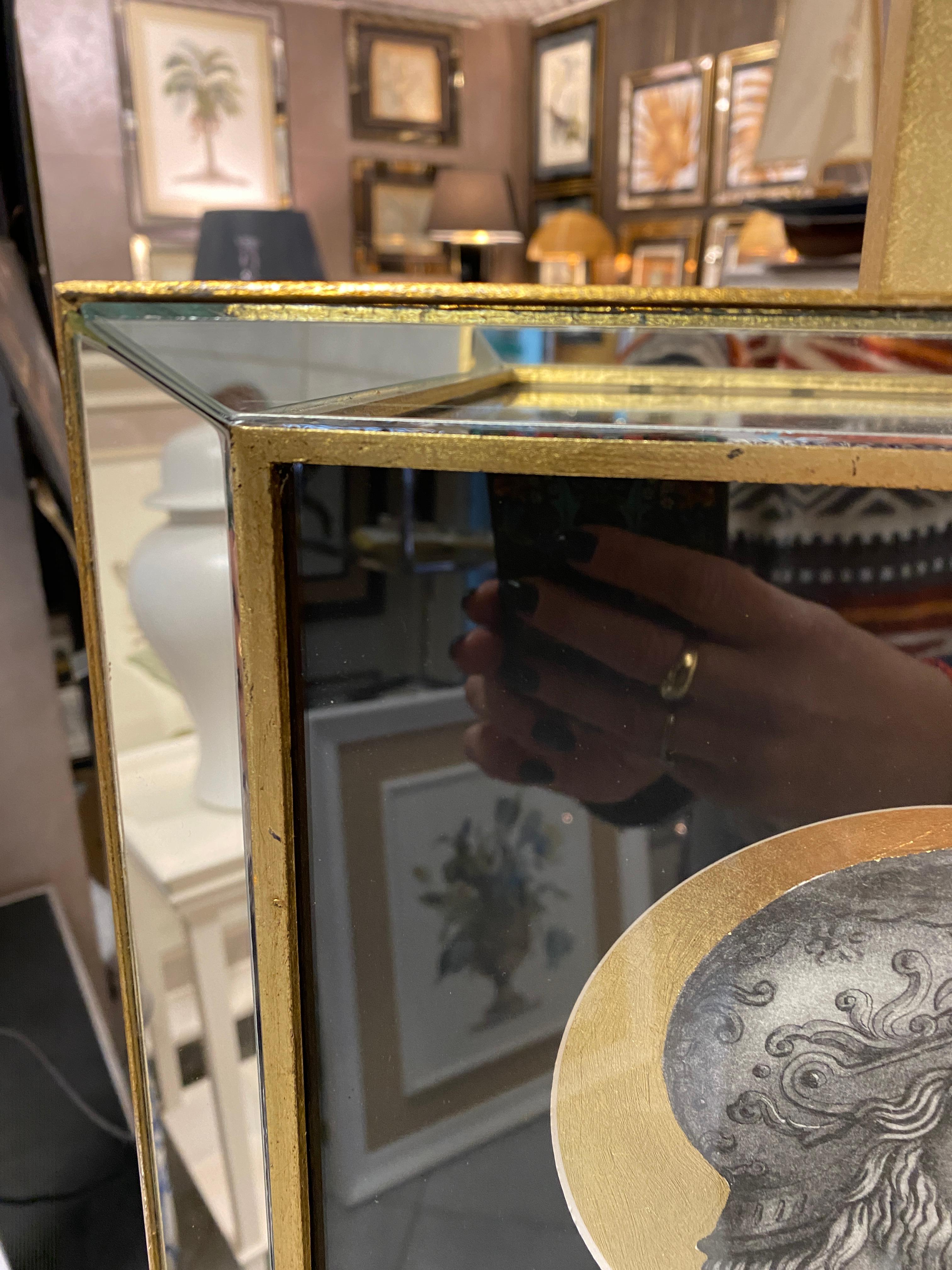 Gold Leaf Italian Contemporary Print of Ancient Profile with Mirror and Gold Wood Frame  For Sale