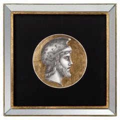 Gravure italienne contemporaine d'un profil ancien avec miroir et cadre en Wood Wood doré 