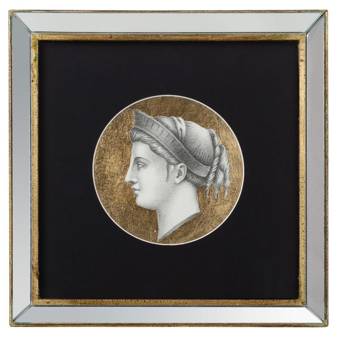 Gravure italienne contemporaine d'un profil ancien avec miroir et cadre en Wood Wood doré 