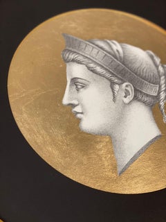 Italian Contemporary Print of Ancient Profile with Round Gold Wooden Frame