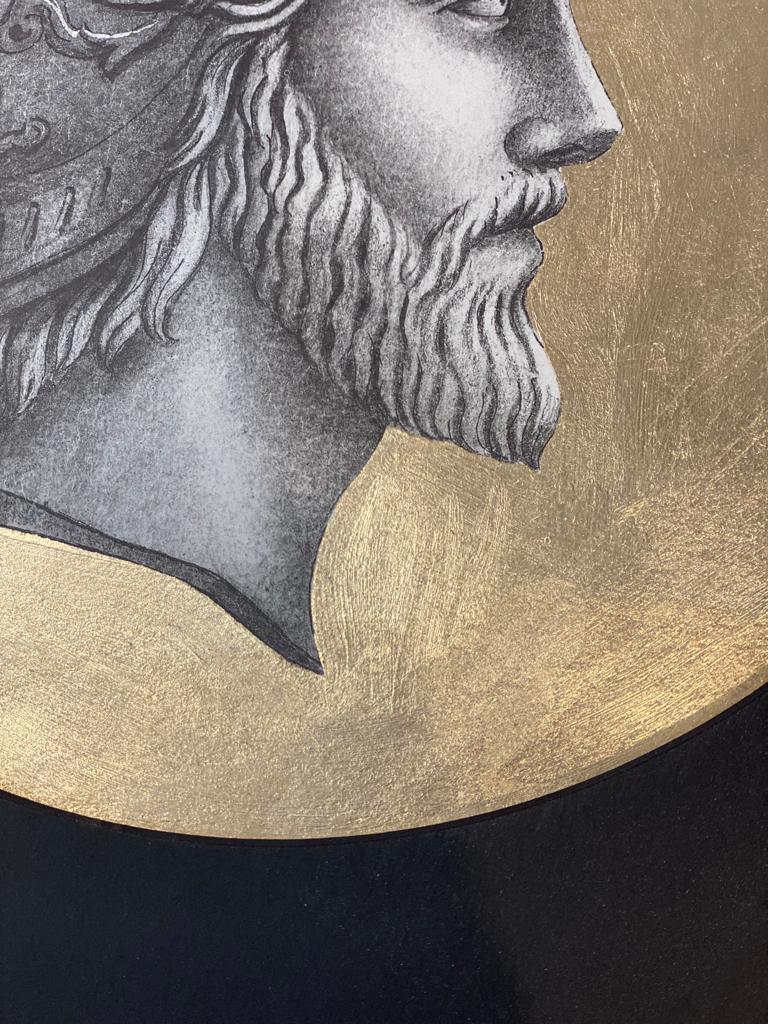 Etched Italian Contemporary Print of Ancient Profile with Round Gold Wooden Frame For Sale