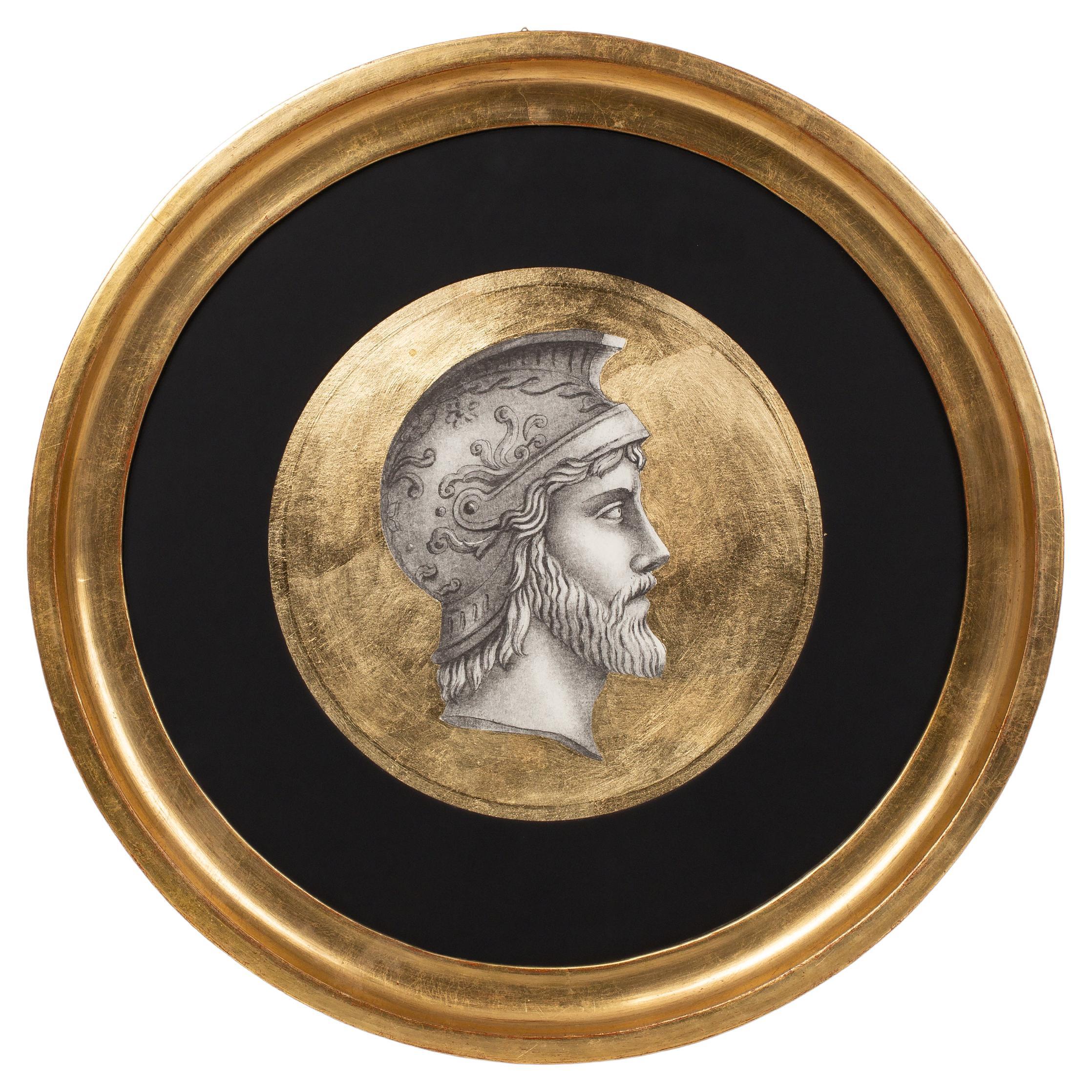 Italian Contemporary Print of Ancient Profile with Round Gold Wooden Frame For Sale