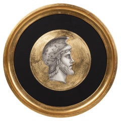 Italian Contemporary Print of Ancient Profile with Round Gold Wooden Frame