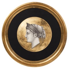 Italian Contemporary Print of Ancient Profile with Round Gold Wooden Frame
