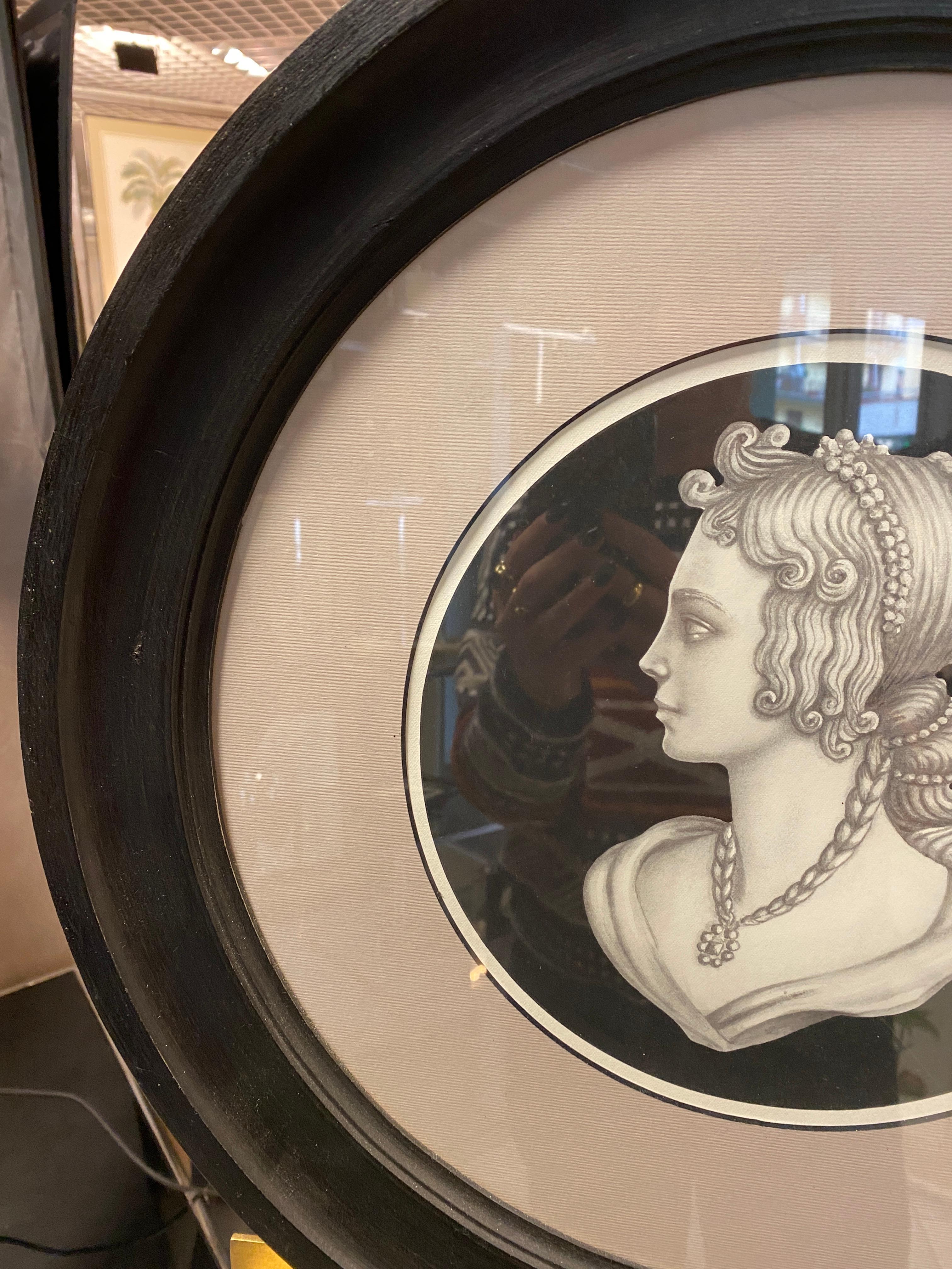 Hand-Crafted Italian Contemporary Print of Neoclassical Profile with Round Black Wooden Frame For Sale